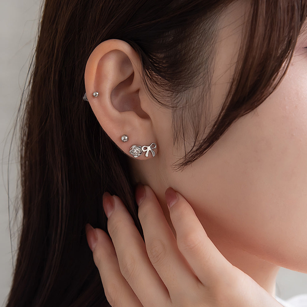 ピアス ニッケルフリー メタル リボン フラワー 釈迦玉ボール パール 6個セット チタンポスト スタッドピアス