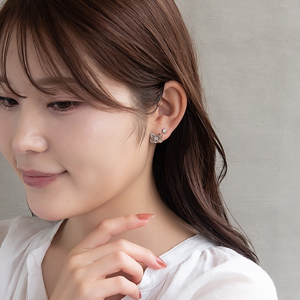 ピアス ニッケルフリー メタル バタフライ フラワー パール 釈迦玉ボール 6個セット チタンポスト スタッドピアス