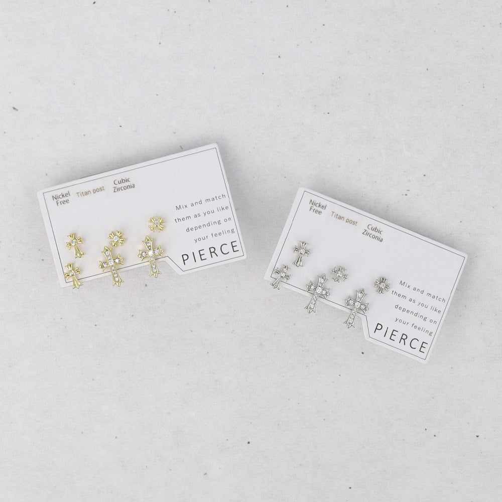 ピアス ニッケルフリー クロス キュービックジルコニア 6個セット チタンポスト スタッドピアス