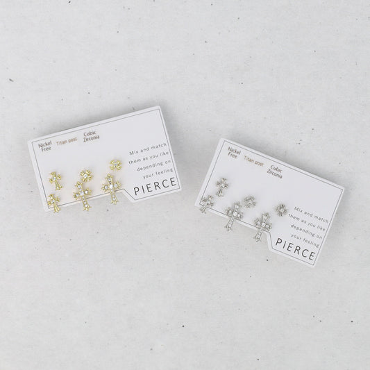 ピアス ニッケルフリー クロス キュービックジルコニア 6個セット チタンポスト スタッドピアス