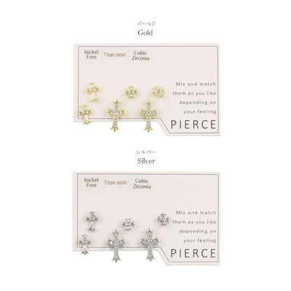 ピアス ニッケルフリー クロス キュービックジルコニア 6個セット チタンポスト スタッドピアス