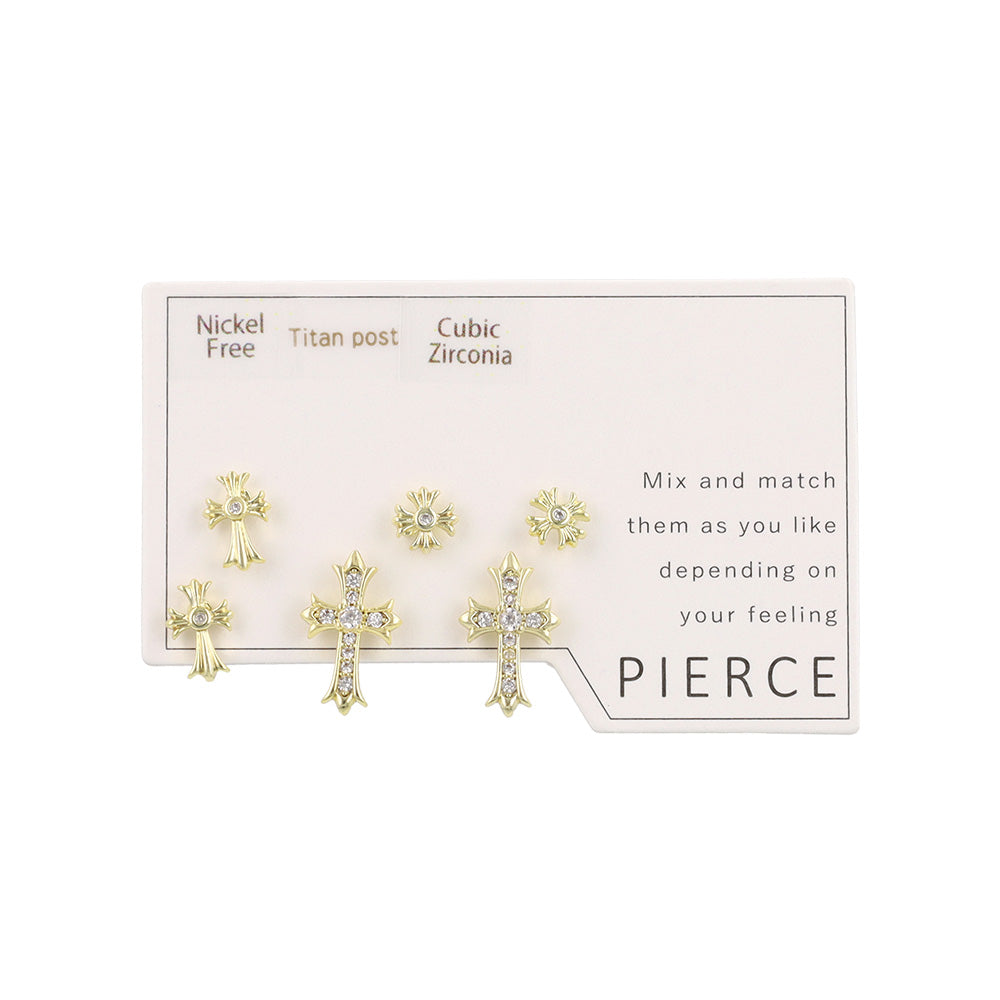 ピアス ニッケルフリー クロス キュービックジルコニア 6個セット チタンポスト スタッドピアス