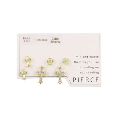 ピアス ニッケルフリー クロス キュービックジルコニア 6個セット チタンポスト スタッドピアス