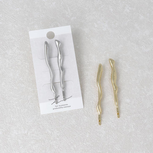 ヘアピン メタル ツヤ プランプ ウェーブ ライン アシンメトリー 2本 セットピン アメピン