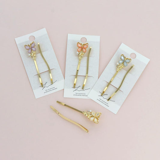 ヘアピン ニッケルフリー メタル バタフライ 蝶 フラワー 花 ストーン パール ウェーブ 2本セット アメピン