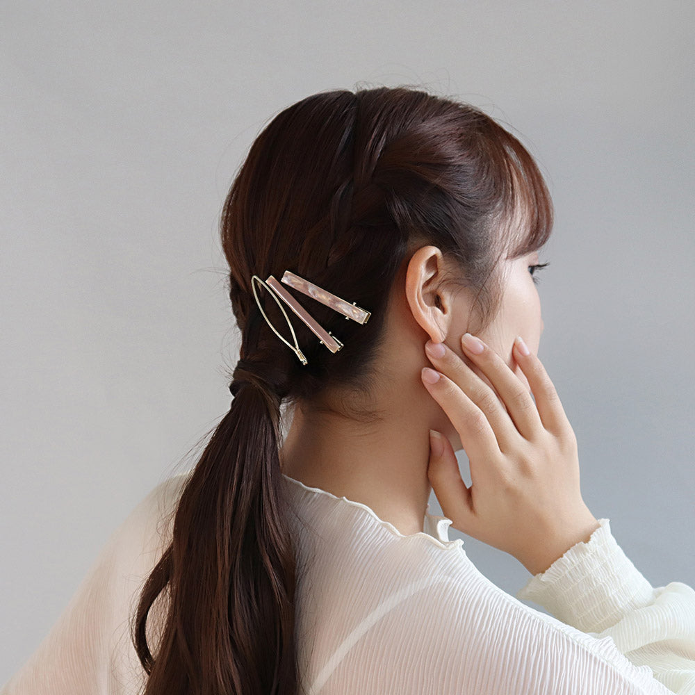 ヘアピン ヘアクリップ マーブル カラー メタル オーバル ライン レクタングル 3本セット クリップ アメピン