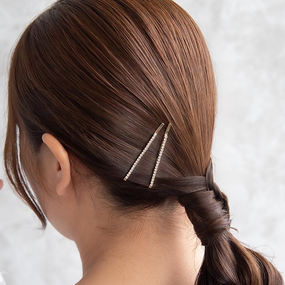 ヘアピン ミニ ストーン ライン ストレート メタル  4本セット アメピン