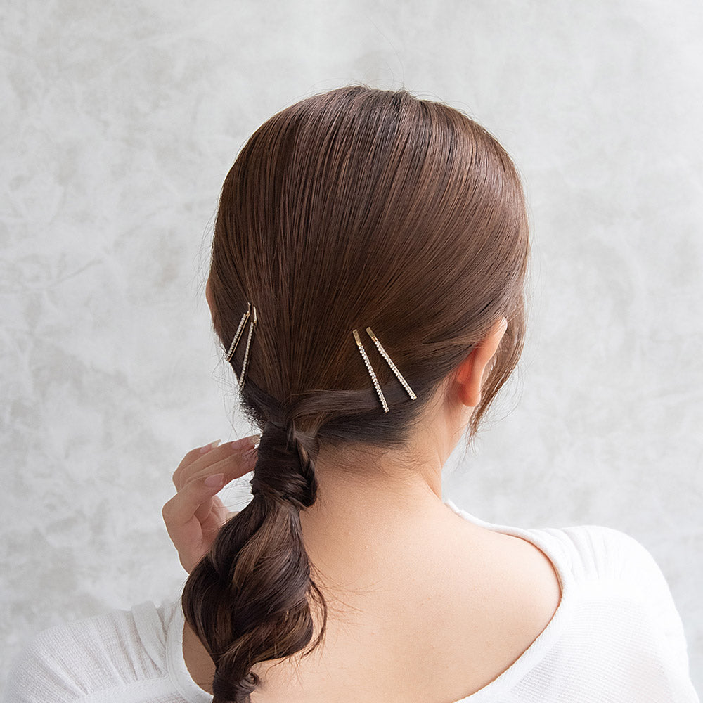 ヘアピン ミニ ストーン ライン ストレート メタル  4本セット アメピン