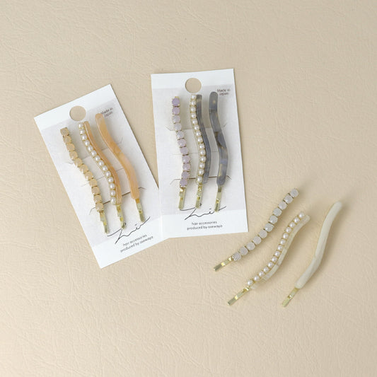 ヘアピン ウェーブ ライン ストーン パール マーブル カラー 3本セット アメピン