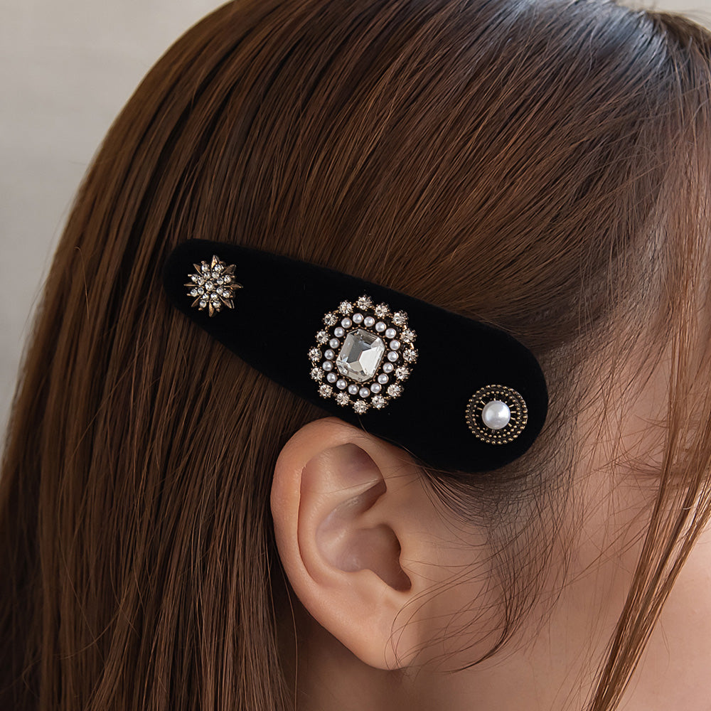 ヘアピン ベロア ガラス パール アンティーク調 スリーピン