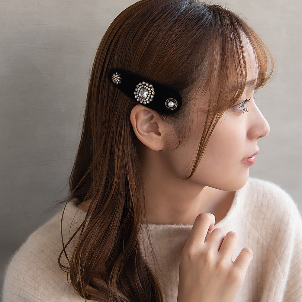 ヘアピン ベロア ガラス パール アンティーク調 スリーピン