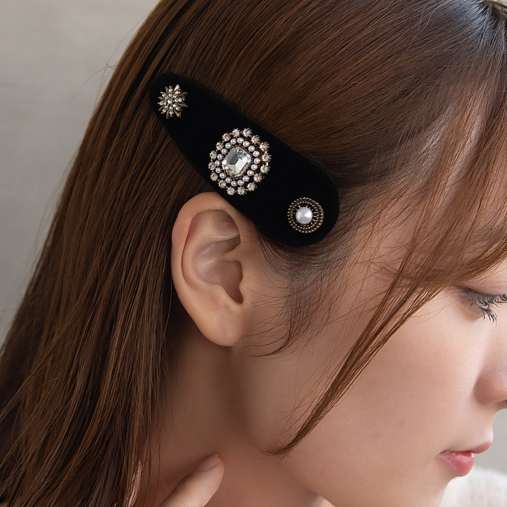 ヘアピン ベロア ガラス パール アンティーク調 スリーピン