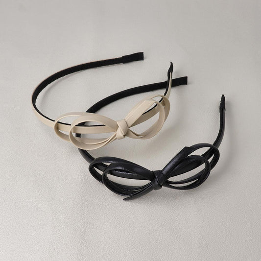 カチューシャ ダブル ∞ リボン ノット 立体 サイド フェイクレザー ベーシックカラー スリム 細め