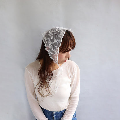 ヘッドドレス チュール スカラップ 刺繍 フラワー 花 ボタニカル 柄 ヘッドスカーフ バブーシュカ