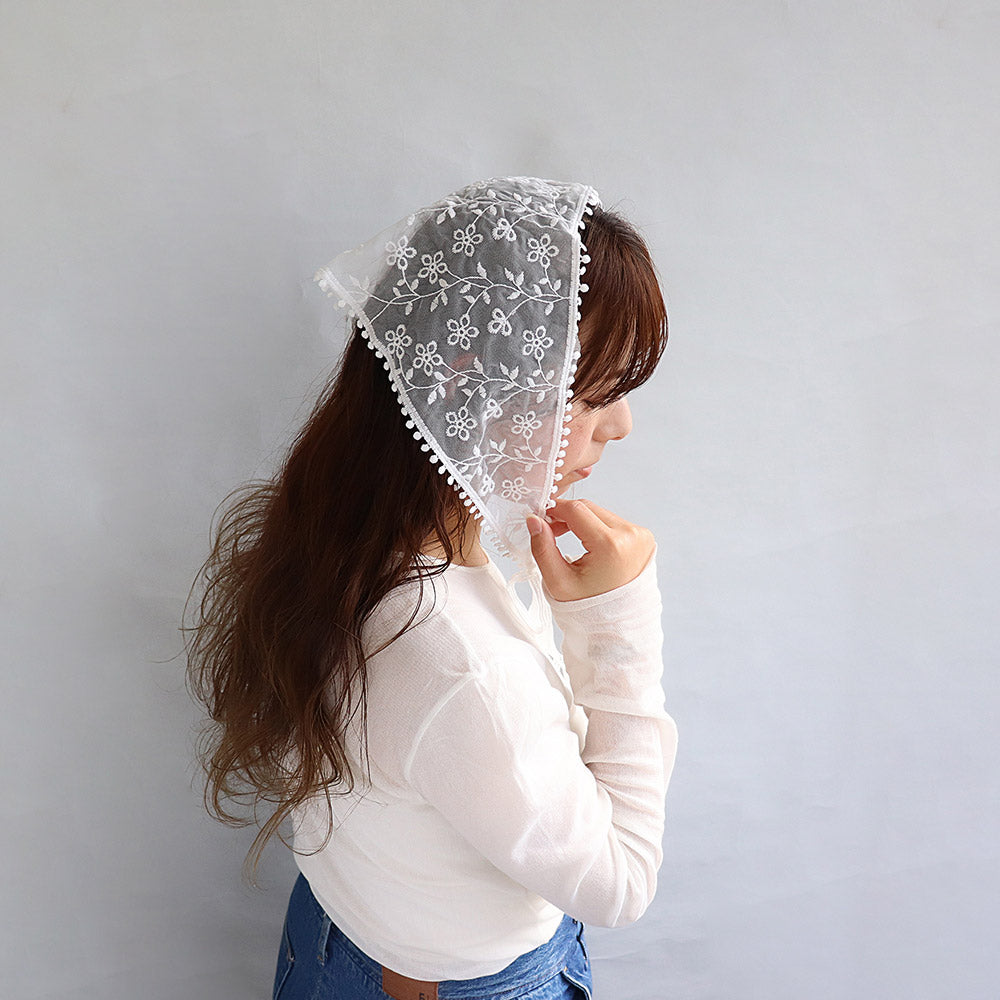 ヘッドドレス チュール 刺繍 フラワー 花 ボタニカル 柄 ヘッドスカーフ バブーシュカ