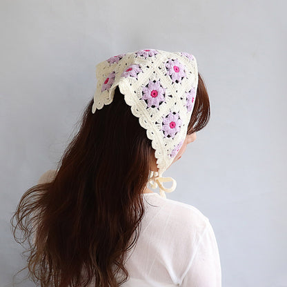 ヘッドドレス カラー フラワー 花 スクエア 柄 スカラップ クロシェ編み かぎ編み ヘッドスカーフ バブーシュカ