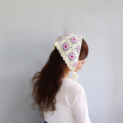 ヘッドドレス カラー フラワー 花 スクエア 柄 スカラップ クロシェ編み かぎ編み ヘッドスカーフ バブーシュカ