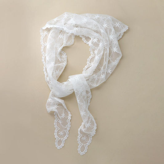 ヘッドスカーフ フラワー 柄 総レース シアー スカラップ バブーシュカ