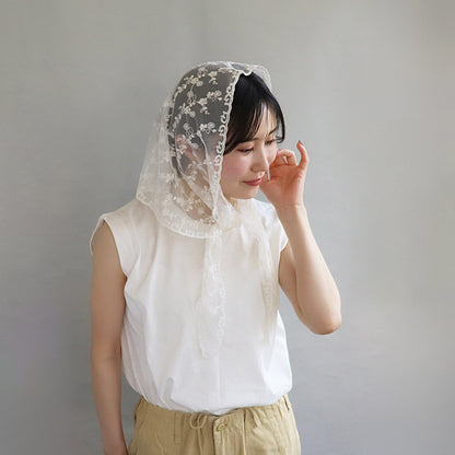 ヘッドスカーフ フラワー ボタニカル 柄 総レース シアー バブーシュカ