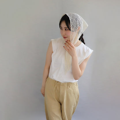ヘッドスカーフ クロスライン ブロック 柄 レース かぎ編み シアー バブーシュカ