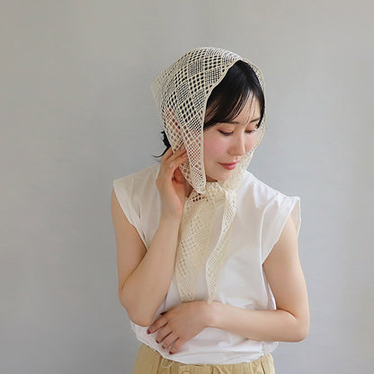 ヘッドスカーフ クロスライン ブロック 柄 レース かぎ編み シアー バブーシュカ