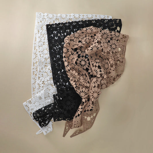 ヘッドスカーフ フラワー 柄 レース編み シアー バブーシュカ