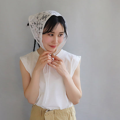ヘッドドレス フラワー ボタニカル 柄 総レース シアー スカラップ ヘッドスカーフ バブーシュカ