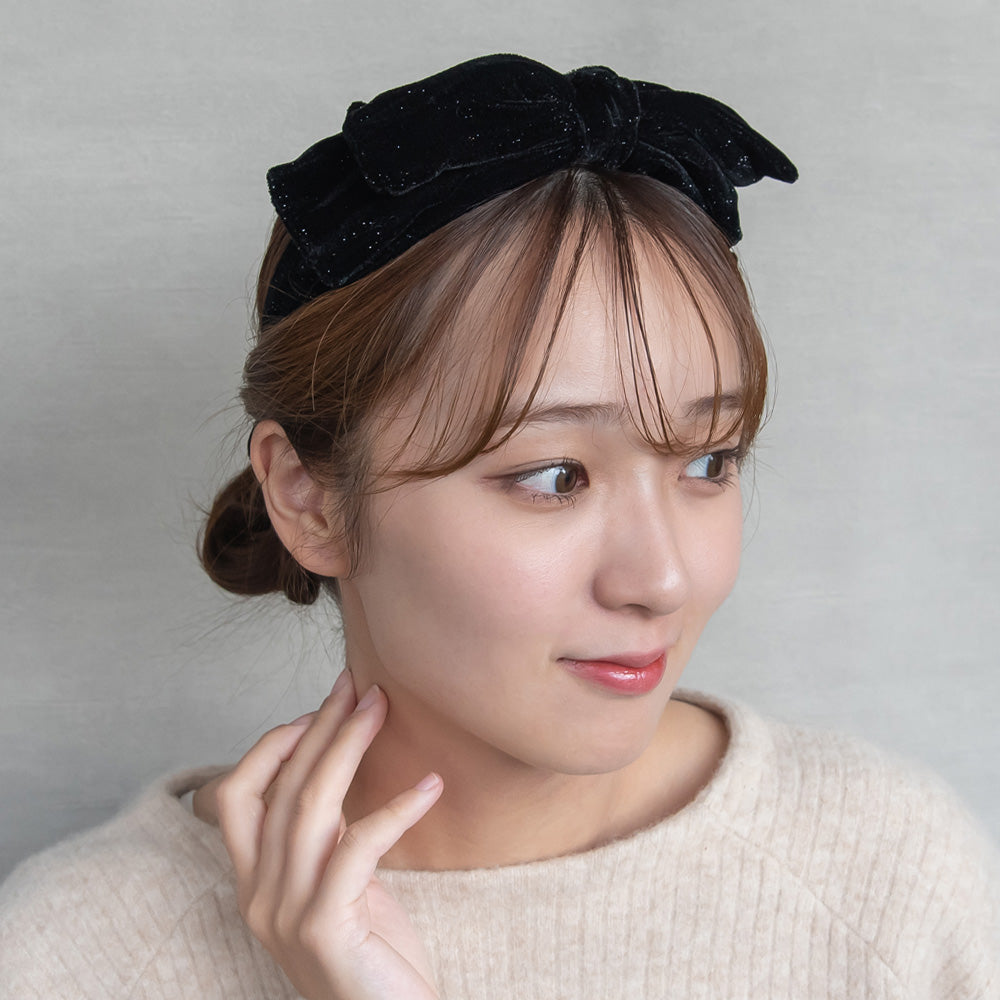 カチューシャ ベロア シマー ラメ ビッグリボン ワイヤー入り