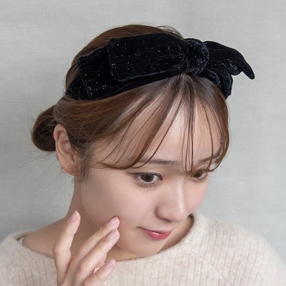 カチューシャ ベロア シマー ラメ ビッグリボン ワイヤー入り