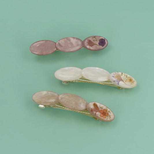 バレッタ オーバル トリプル 花 ドライフラワー 封入 マーブル カラー