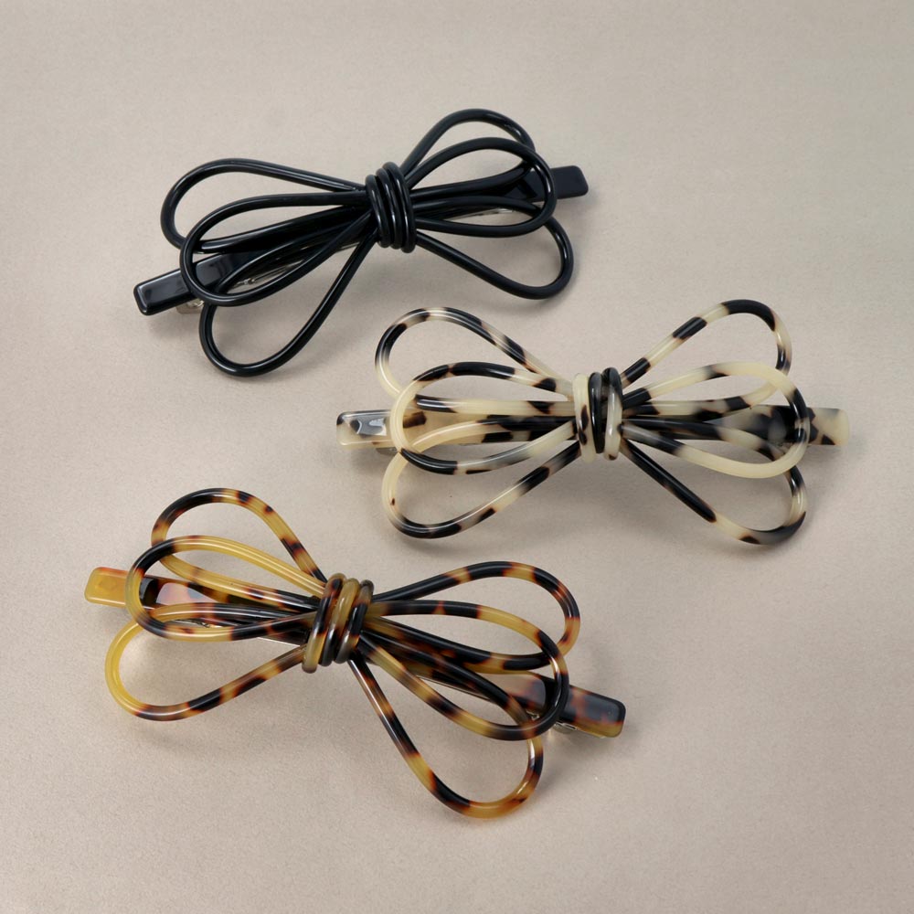 バレッタ リボン 3連 トリプル ループ 立体 べっ甲風 マーブル カラー スリムバレッタ