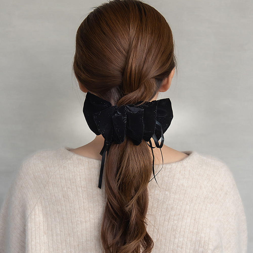 バレッタ ニッケルフリー フリル ナロー リボン ラメ ベロア ボリューム すべり止め付き