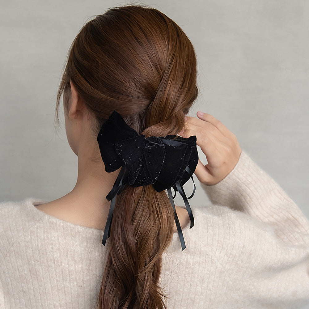 バレッタ ニッケルフリー フリル ナロー リボン ラメ ベロア ボリューム すべり止め付き