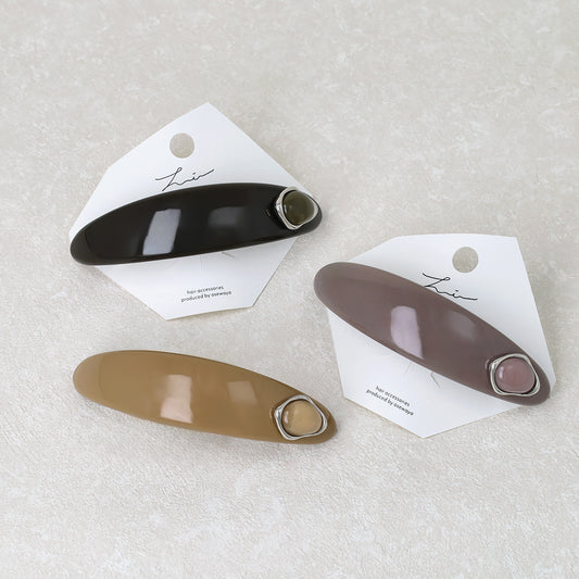 バレッタ オーバル カーブ プレート メタル フレーム ストーン