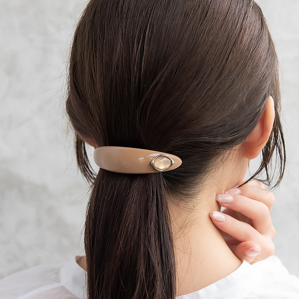 バレッタ オーバル カーブ プレート メタル フレーム ストーン