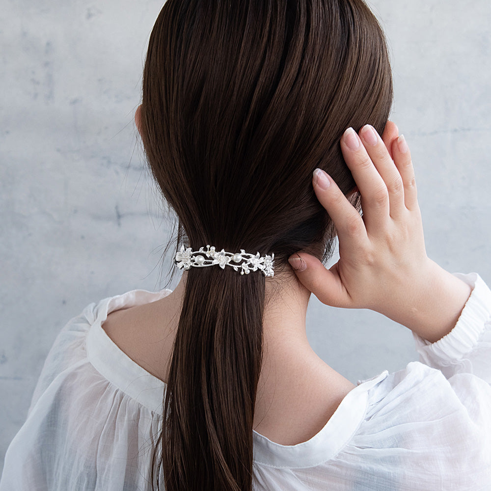 バレッタ ニッケルフリー メタル ボタニカル フラワー パール ストーン すべり止め付き サイズレスバレッタ