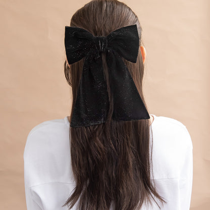 バレッタ ブラック ラメ ベロア リボン ロング