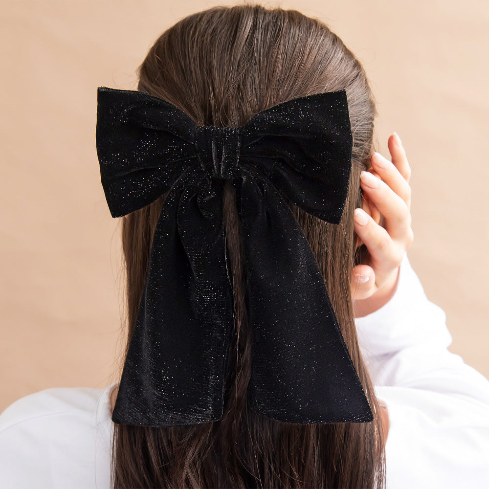 バレッタ ブラック ラメ ベロア リボン ロング