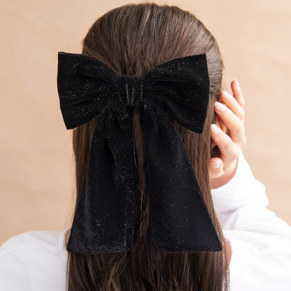 バレッタ ブラック ラメ ベロア リボン ロング