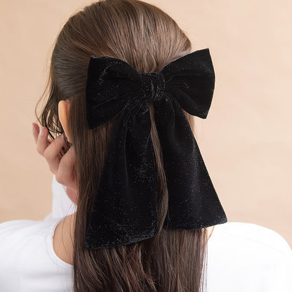 バレッタ ブラック ラメ ベロア リボン ロング