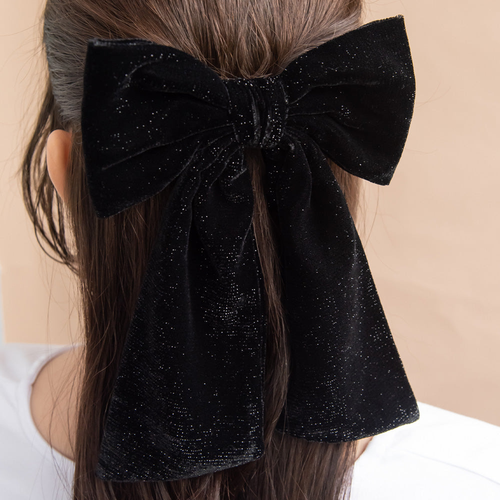 バレッタ ブラック ラメ ベロア リボン ロング