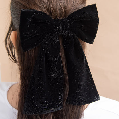 バレッタ ブラック ラメ ベロア リボン ロング