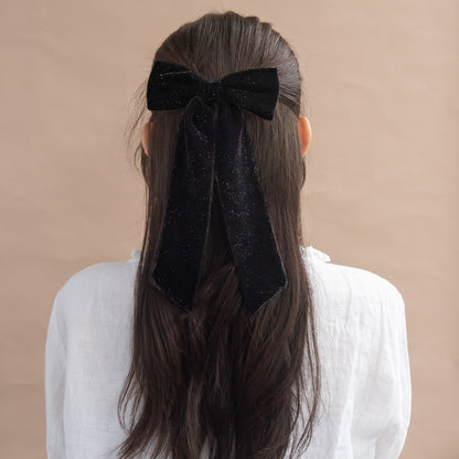 バレッタ ブラック ラメ ベロア リボン ロング