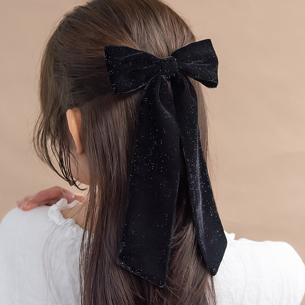 バレッタ ブラック ラメ ベロア リボン ロング