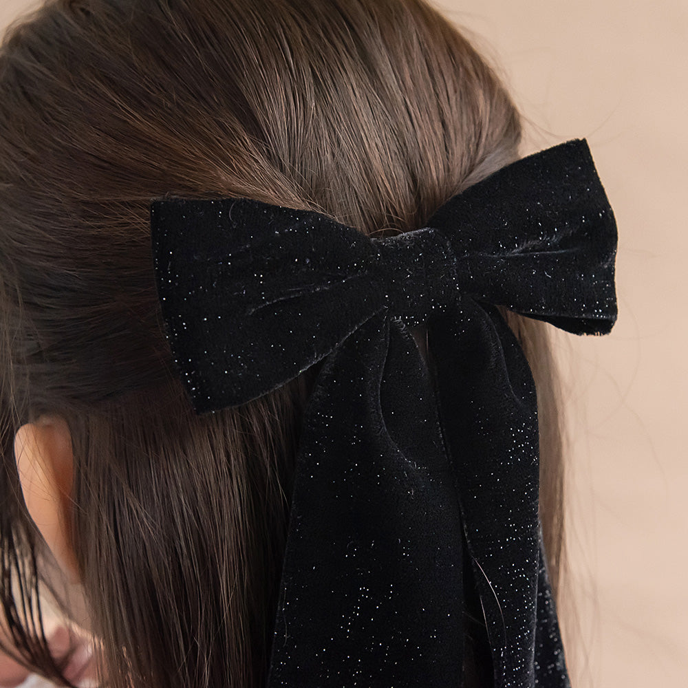 バレッタ ブラック ラメ ベロア リボン ロング