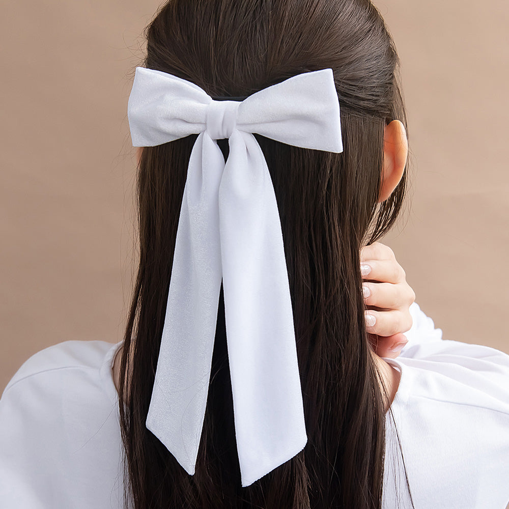 バレッタ ホワイト ベロア リボン ロング