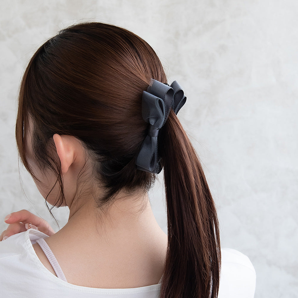 バナナクリップ ダブル リボン チュール くすみカラー ヘアクリップ