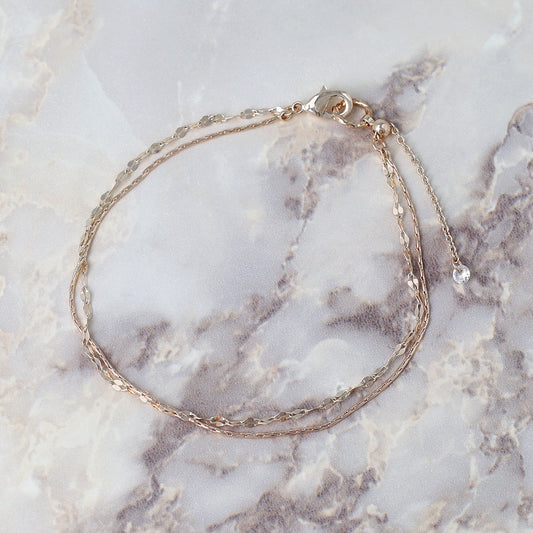 ブレスレット ニッケルフリー ロゼシルバー キュービックジルコニア スエッジ ペタルチェーン 2連 スライドボール チェーンブレスレット