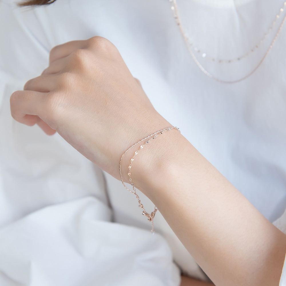 ブレスレット ニッケルフリー ロゼシルバー キュービックジルコニア スエッジ ペタルチェーン 2連 スライドボール チェーンブレスレット