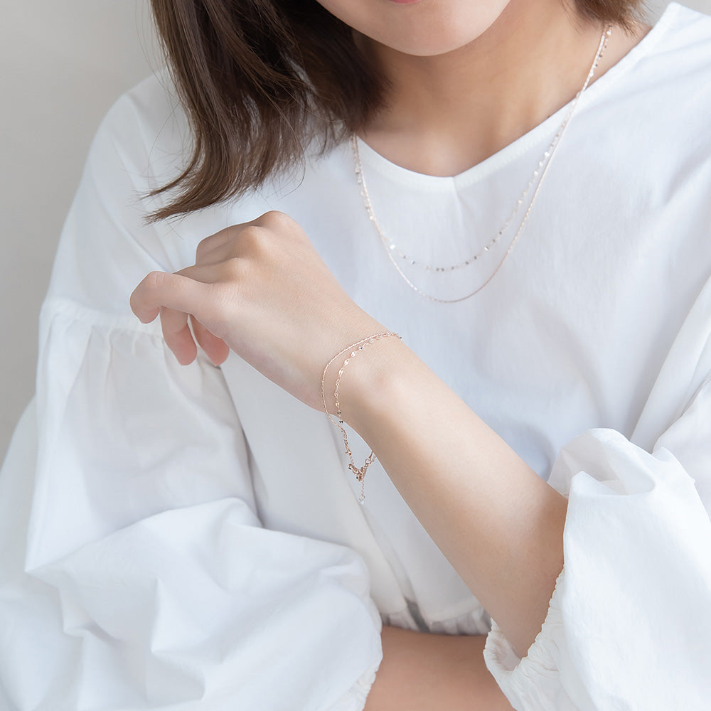 ブレスレット ニッケルフリー ロゼシルバー キュービックジルコニア スエッジ ペタルチェーン 2連 スライドボール チェーンブレスレット